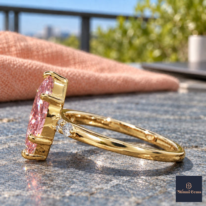 Pink Marquise Cut Lab Grown Diamond Engagement Ring - Round Accents in yellow gold, side view