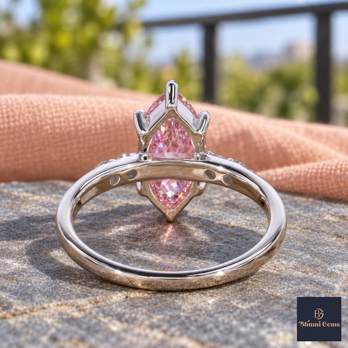 Pink Marquise Cut Lab Grown Diamond Engagement Ring - Round Accents in white gold, gallery view