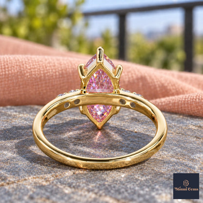 Pink Marquise Cut Lab Grown Diamond Engagement Ring - Round Accents in yellow gold, gallery view