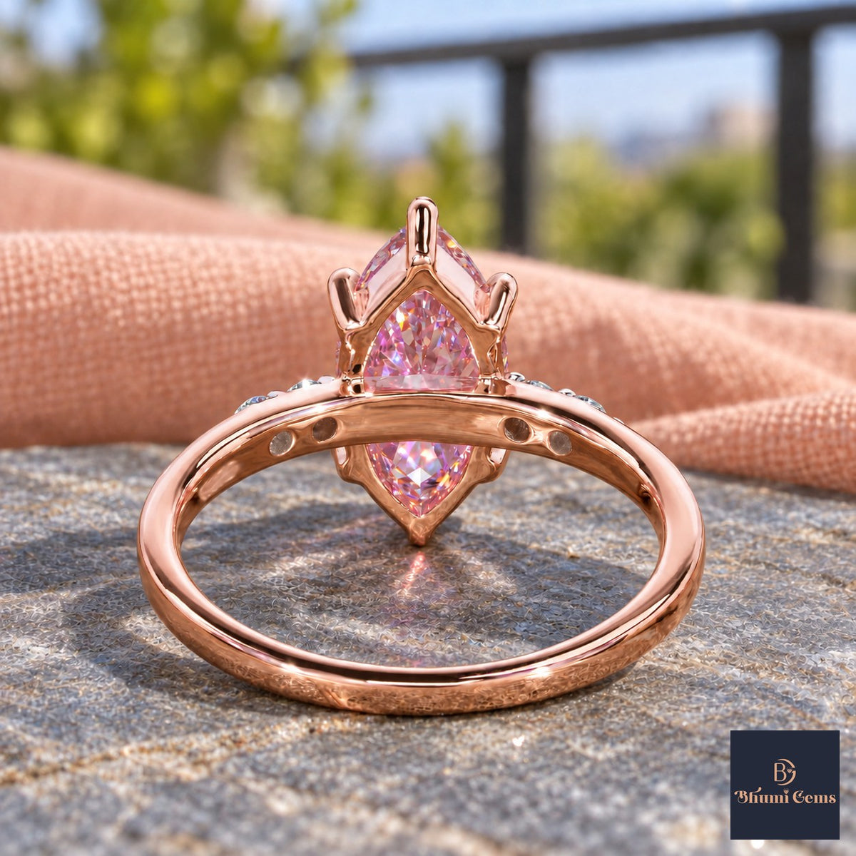 Pink Marquise Cut Lab Grown Diamond Engagement Ring - Round Accents in rose gold, gallery view