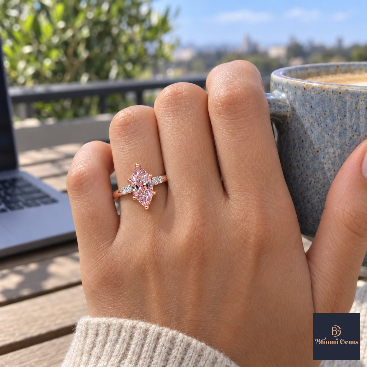 Pink Marquise Cut Lab Grown Diamond Engagement Ring - Round Accents in rose gold, on the hand