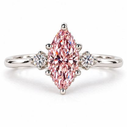 Pink Marquise Cut Lab Grown Diamond Engagement Ring - Three Stone in white gold, front view