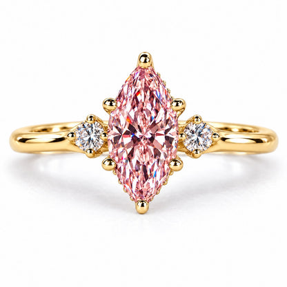 Pink Marquise Cut Lab Grown Diamond Engagement Ring - Three Stone in yellow gold, front view