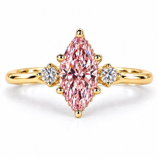 Pink Marquise Cut Lab Grown Diamond Engagement Ring - Three Stone in yellow gold, front view