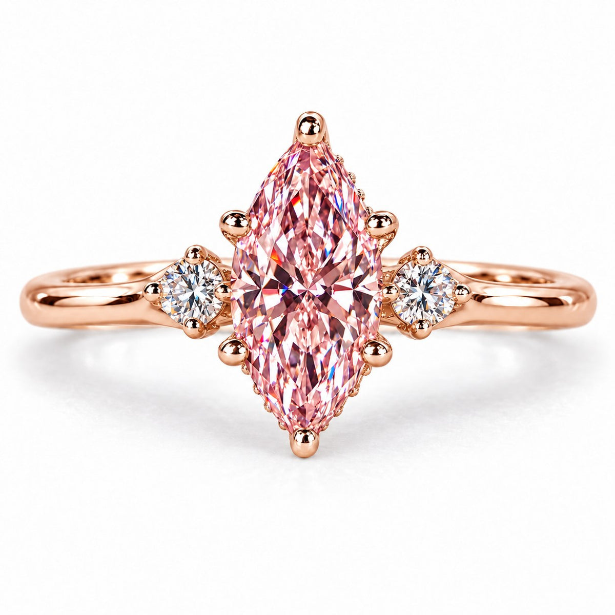 Pink Marquise Cut Lab Grown Diamond Engagement Ring - Three Stone in rose gold, front view