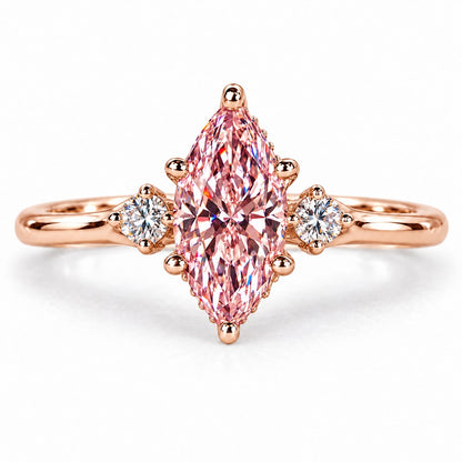 Pink Marquise Cut Lab Grown Diamond Engagement Ring - Three Stone in rose gold, front view
