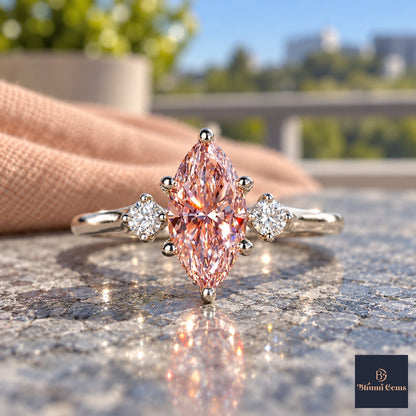 Pink Marquise Cut Lab Grown Diamond Engagement Ring - Three Stone in white gold, close-up