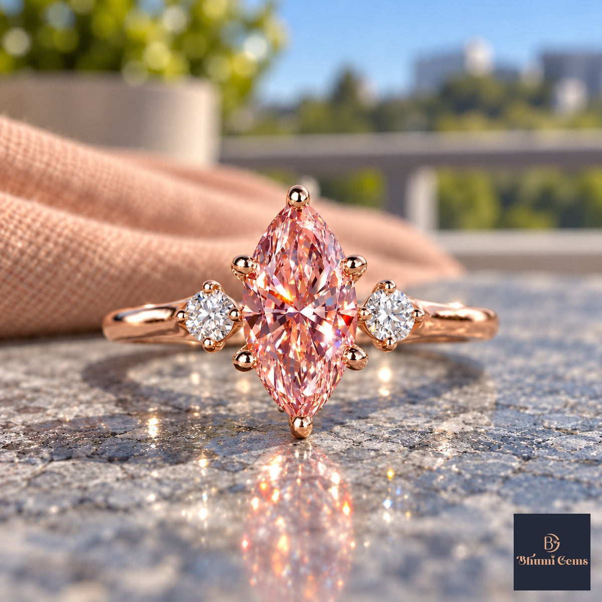 Pink Marquise Cut Lab Grown Diamond Engagement Ring - Three Stone in rose gold, close-up