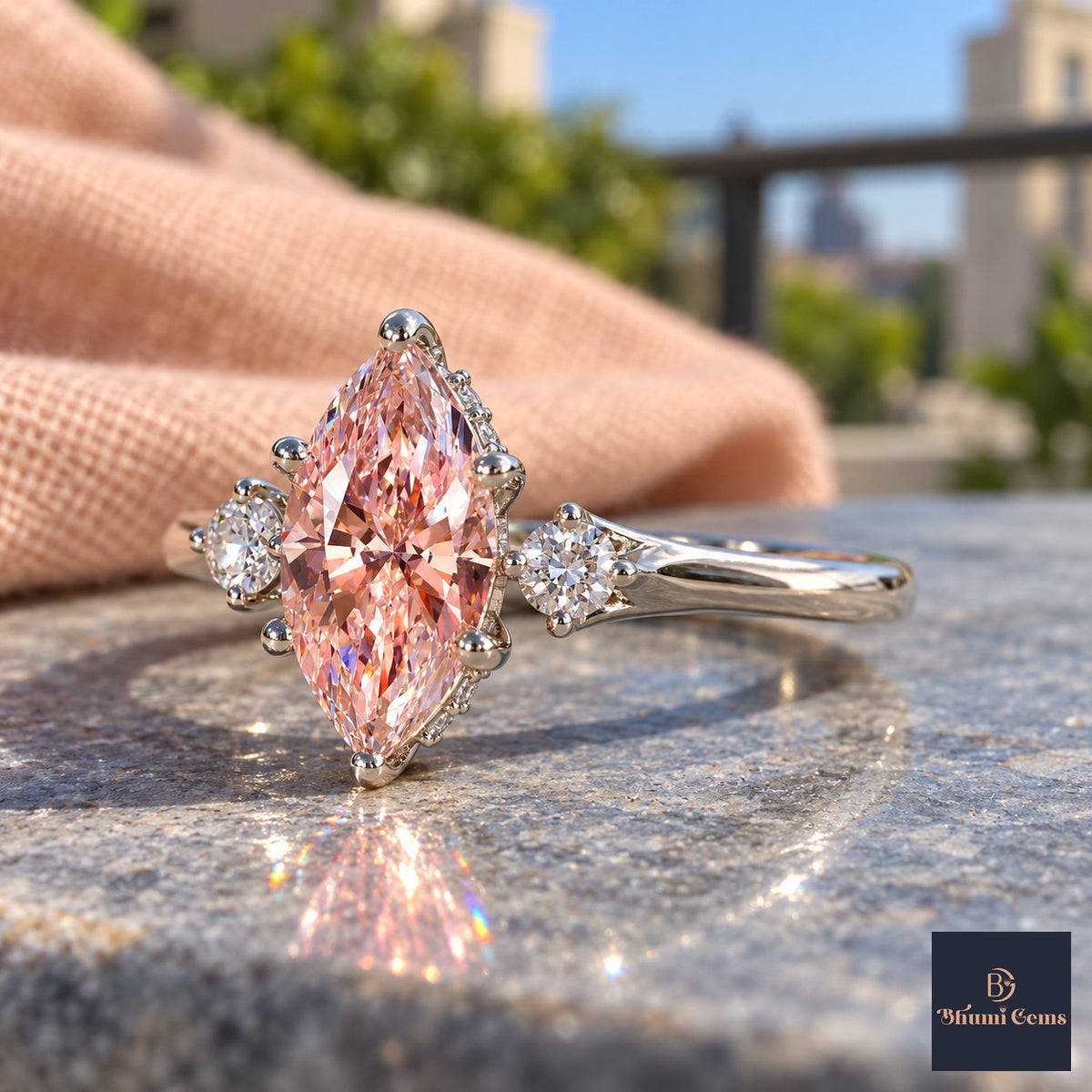 Pink Marquise Cut Lab Grown Diamond Engagement Ring - Three Stone in white gold, side view
