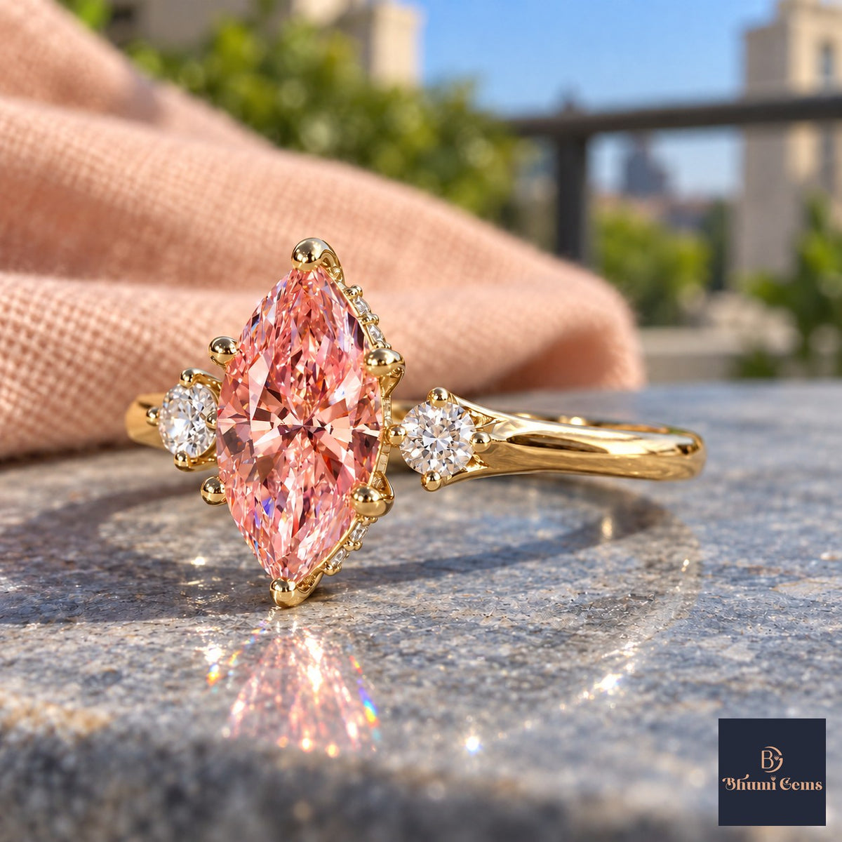 Pink Marquise Cut Lab Grown Diamond Engagement Ring - Three Stone in yellow gold, side view