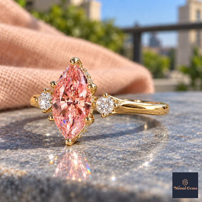 Pink Marquise Cut Lab Grown Diamond Engagement Ring - Three Stone in yellow gold, side view