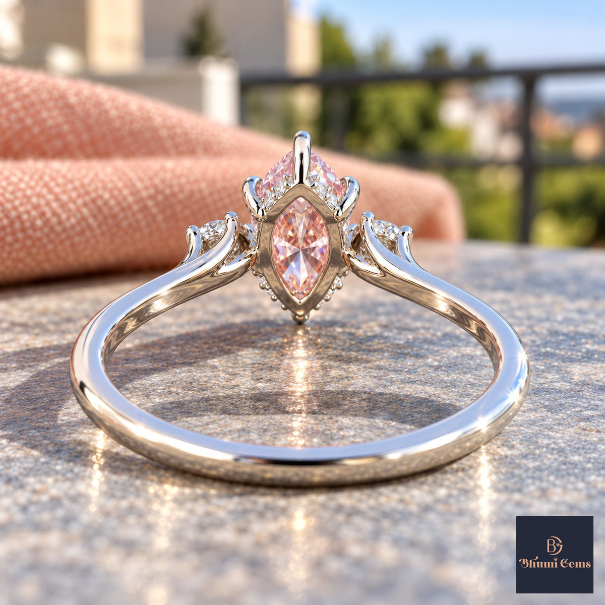 Pink Marquise Cut Lab Grown Diamond Engagement Ring - Three Stone in white gold, gallery view