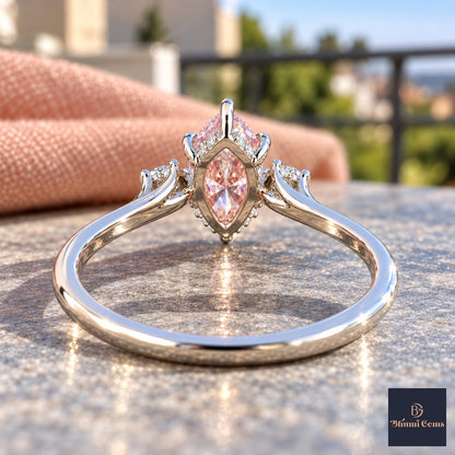 Pink Marquise Cut Lab Grown Diamond Engagement Ring - Three Stone in white gold, gallery view
