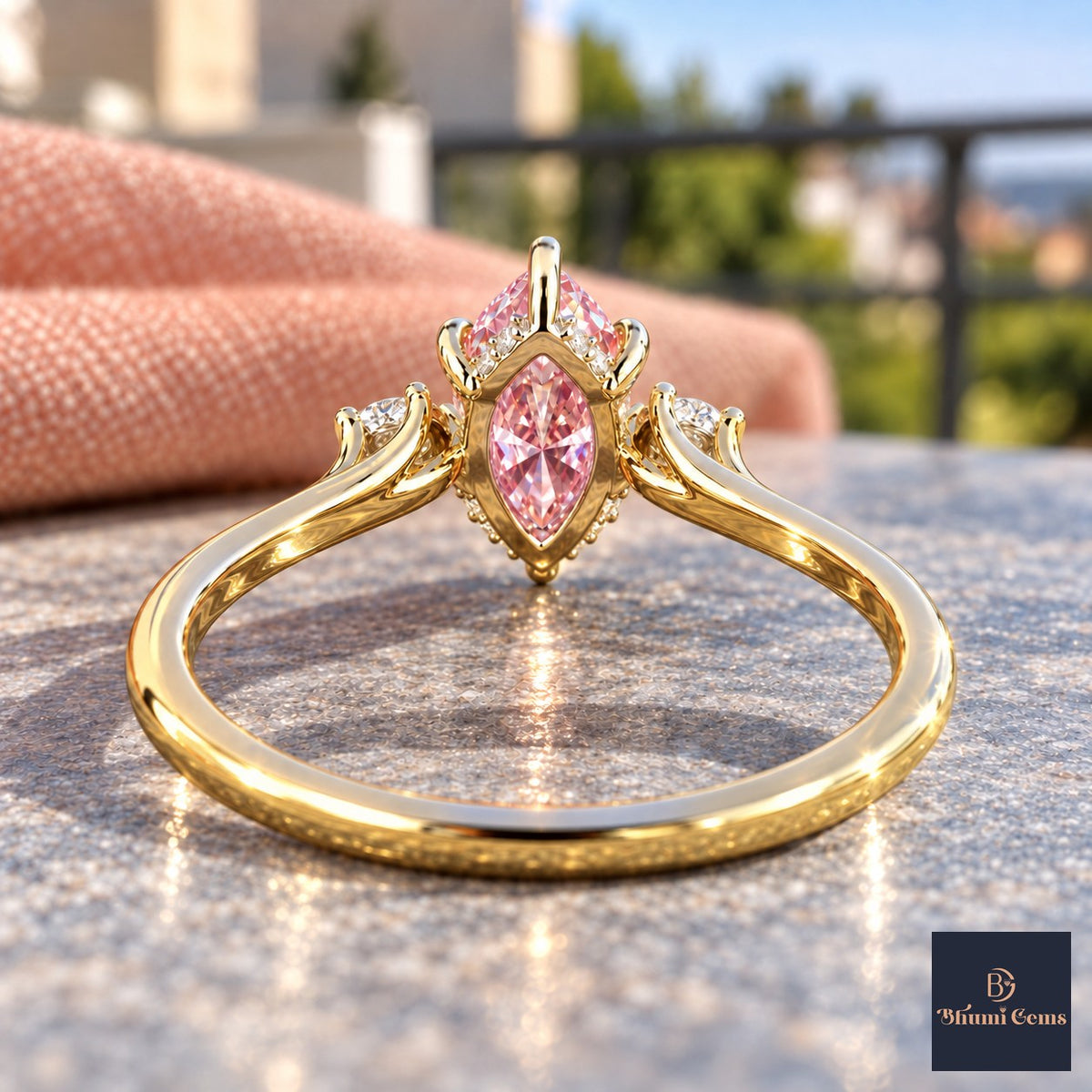 Pink Marquise Cut Lab Grown Diamond Engagement Ring - Three Stone in yellow gold, gallery view