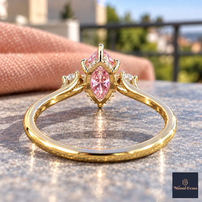 Pink Marquise Cut Lab Grown Diamond Engagement Ring - Three Stone in yellow gold, gallery view