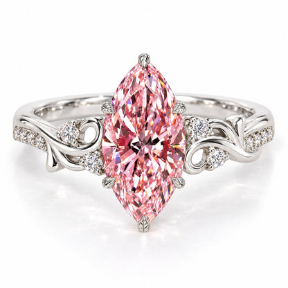 Pink Marquise Cut Lab Grown Diamond Engagement Ring - Vintage Scroll in white gold, front view