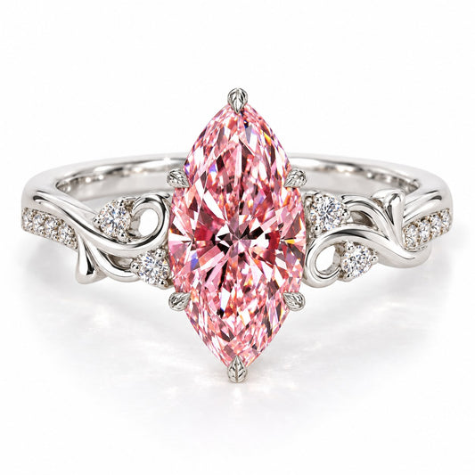 Pink Marquise Cut Lab Grown Diamond Engagement Ring - Vintage Scroll in white gold, front view
