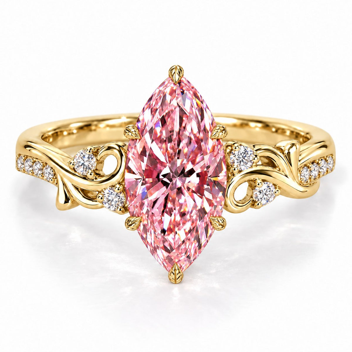 Pink Marquise Cut Lab Grown Diamond Engagement Ring - Vintage Scroll in yellow gold, front view