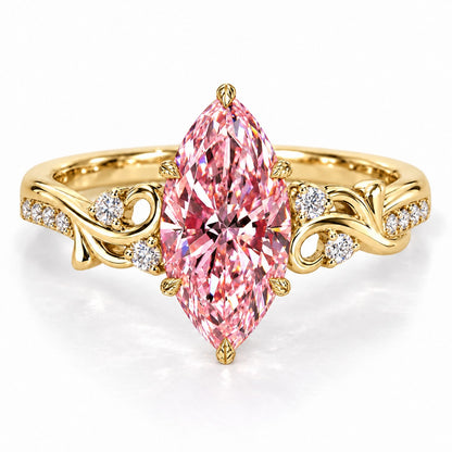 Pink Marquise Cut Lab Grown Diamond Engagement Ring - Vintage Scroll in yellow gold, front view