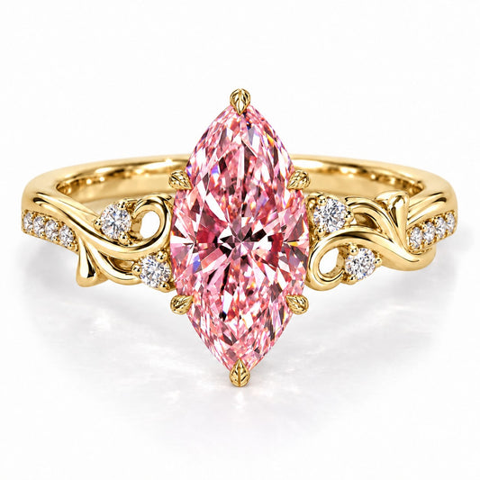 Pink Marquise Cut Lab Grown Diamond Engagement Ring - Vintage Scroll in yellow gold, front view