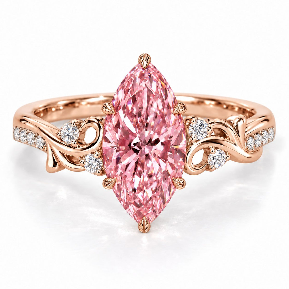 Pink Marquise Cut Lab Grown Diamond Engagement Ring - Vintage Scroll in rose gold, front view