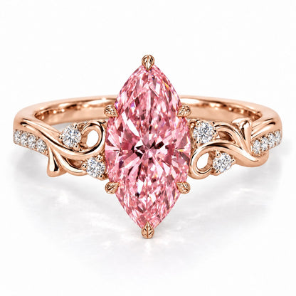 Pink Marquise Cut Lab Grown Diamond Engagement Ring - Vintage Scroll in rose gold, front view