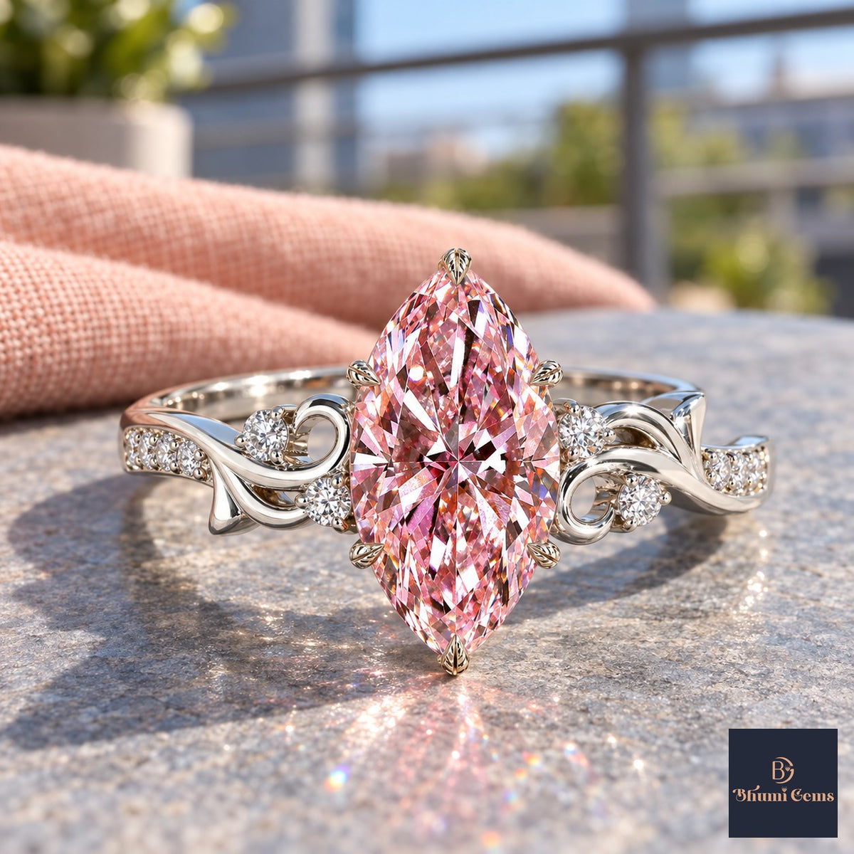 Pink Marquise Cut Lab Grown Diamond Engagement Ring - Vintage Scroll in white gold, close-up