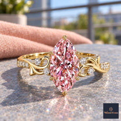 Pink Marquise Cut Lab Grown Diamond Engagement Ring - Vintage Scroll in yellow gold, close-up
