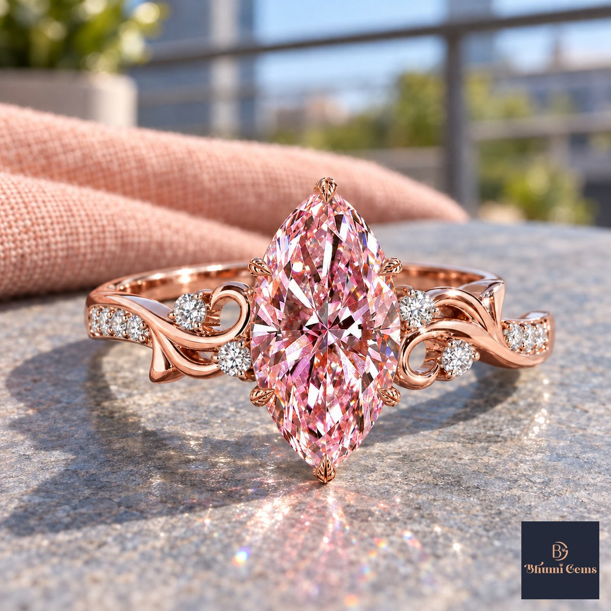 Pink Marquise Cut Lab Grown Diamond Engagement Ring - Vintage Scroll in rose gold, close-up