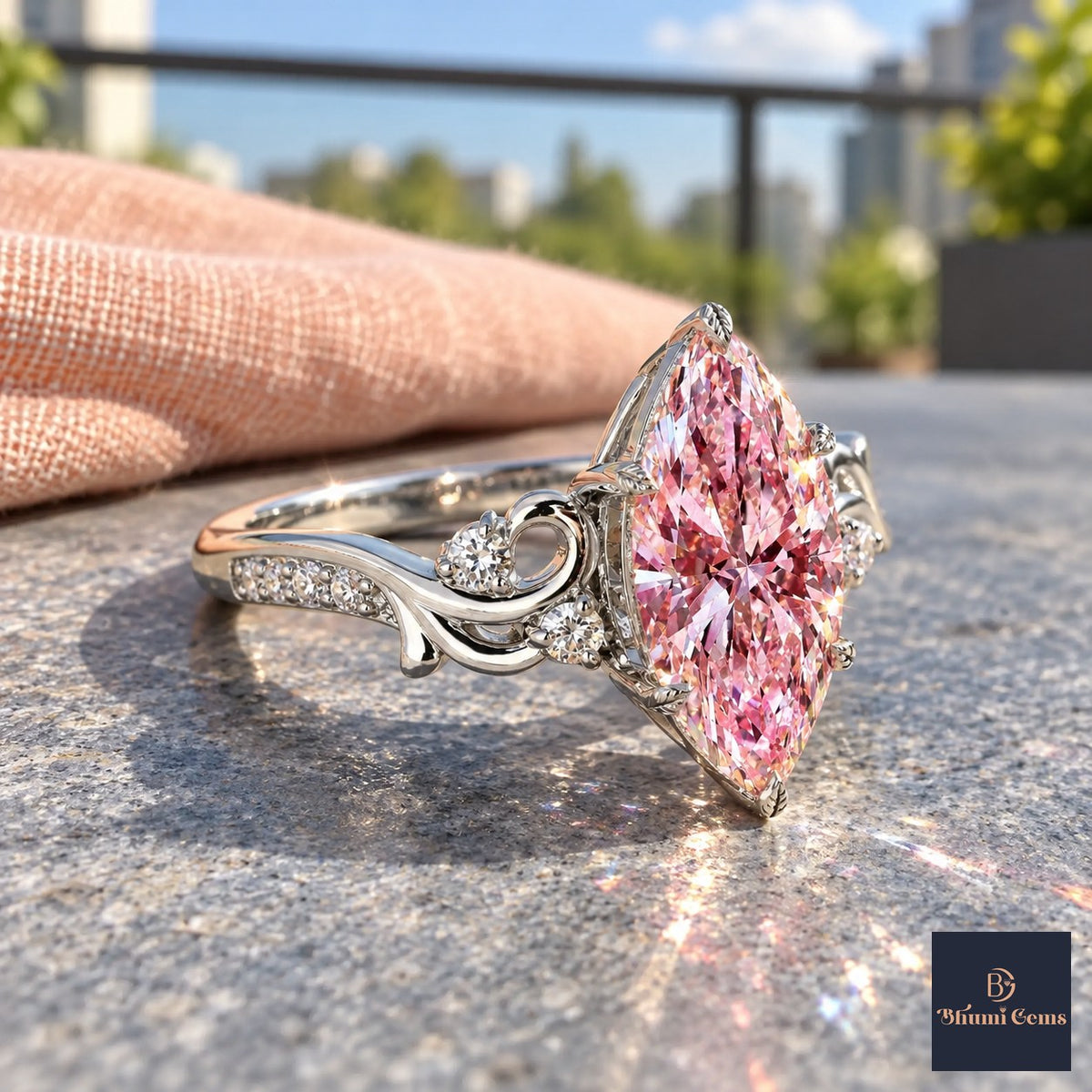 Pink Marquise Cut Lab Grown Diamond Engagement Ring - Vintage Scroll in white gold, side view