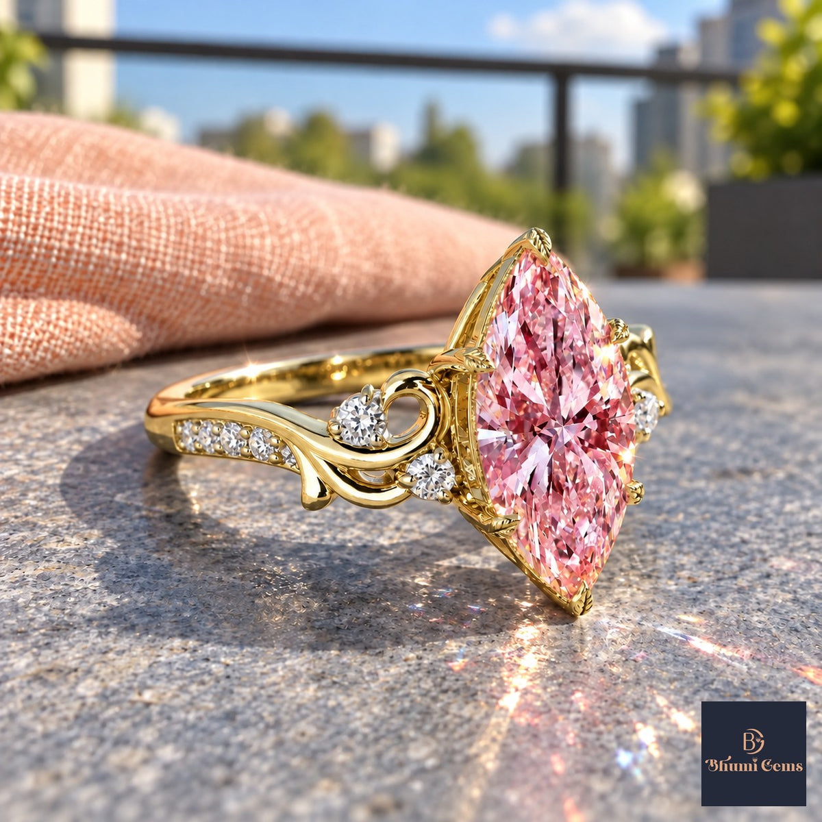 Pink Marquise Cut Lab Grown Diamond Engagement Ring - Vintage Scroll in yellow gold, side view