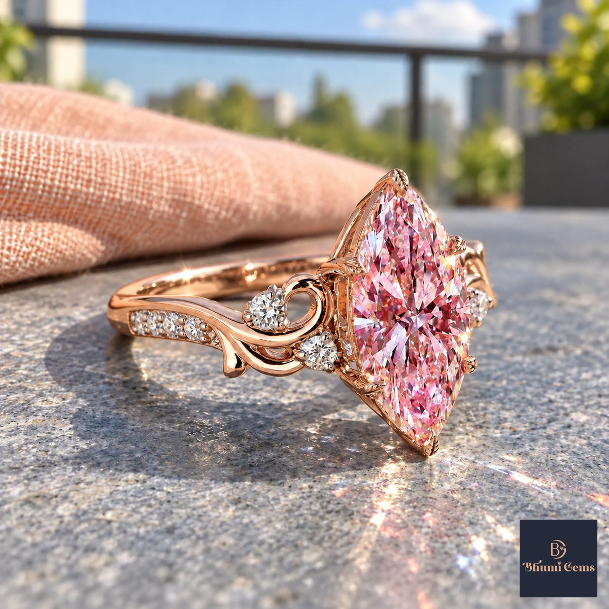 Pink Marquise Cut Lab Grown Diamond Engagement Ring - Vintage Scroll in rose gold, side view