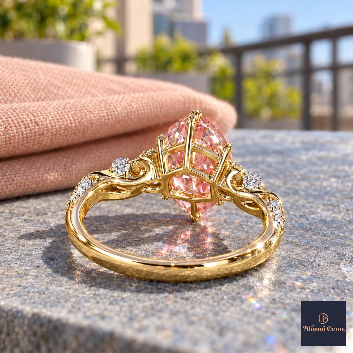 Pink Marquise Cut Lab Grown Diamond Engagement Ring - Vintage Scroll in yellow gold, gallery view