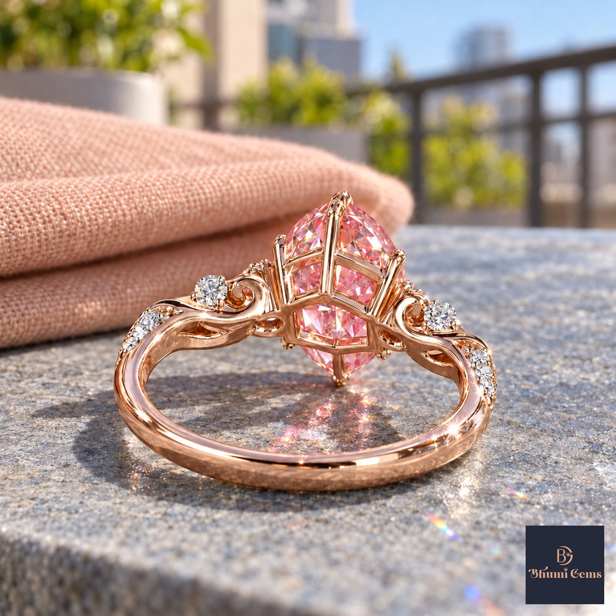 Pink Marquise Cut Lab Grown Diamond Engagement Ring - Vintage Scroll in rose gold, gallery view