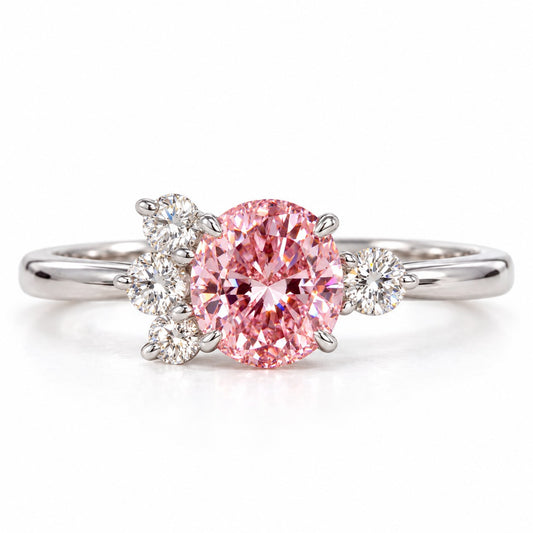 Pink Oval Cut Lab Grown Diamond Engagement Ring - Asymmetric Cluster in white gold, front view