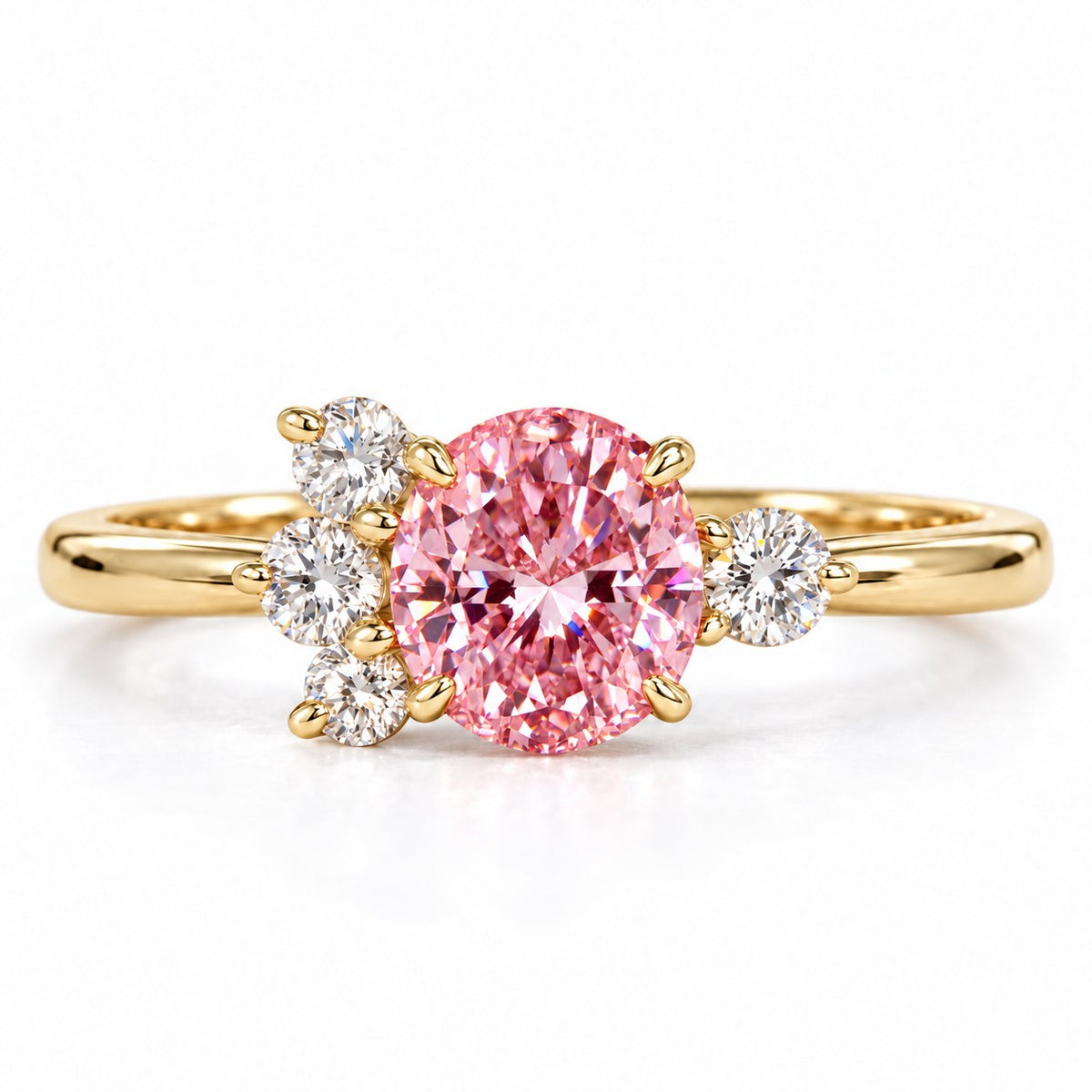 Pink Oval Cut Lab Grown Diamond Engagement Ring - Asymmetric Cluster in yellow gold, front view