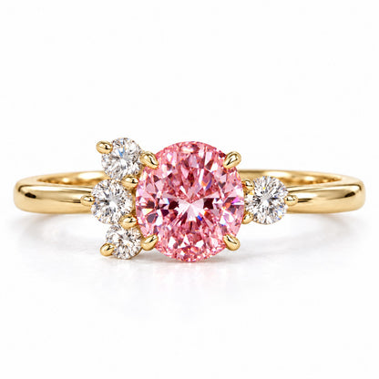Pink Oval Cut Lab Grown Diamond Engagement Ring - Asymmetric Cluster in yellow gold, front view