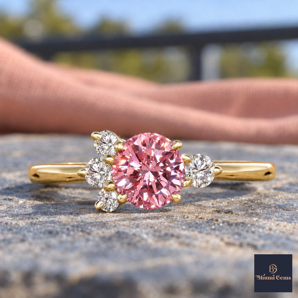 Pink Oval Cut Lab Grown Diamond Engagement Ring - Asymmetric Cluster in yellow gold, close-up