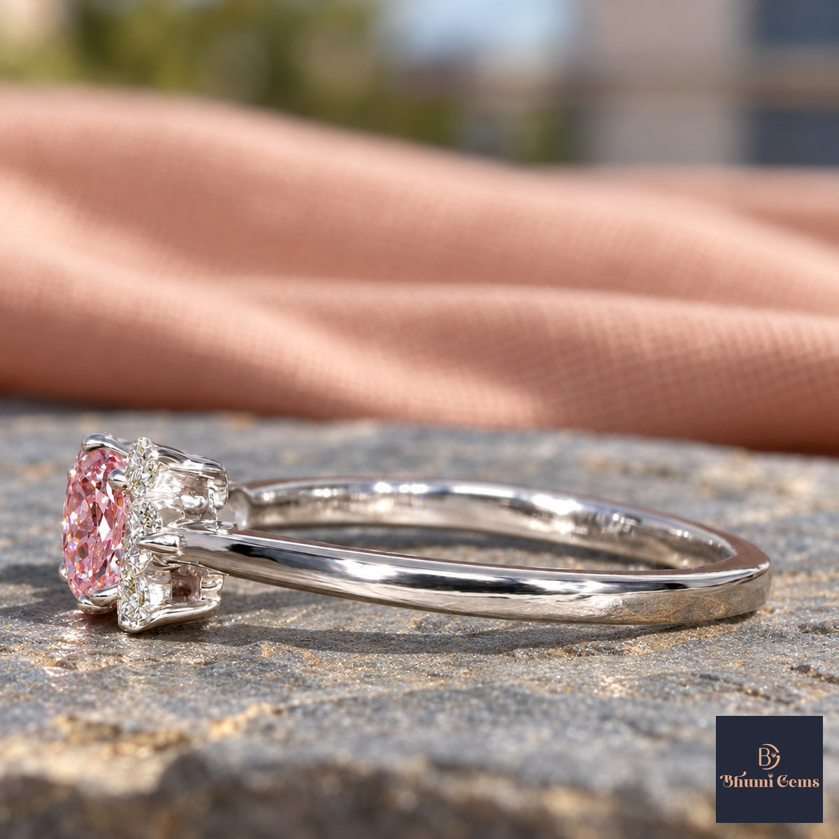 Pink Oval Cut Lab Grown Diamond Engagement Ring - Asymmetric Cluster in white gold, side view