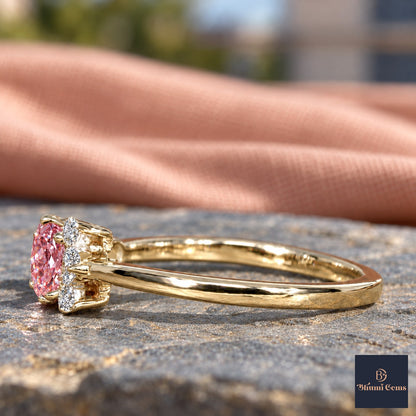 Pink Oval Cut Lab Grown Diamond Engagement Ring - Asymmetric Cluster in yellow gold, side view