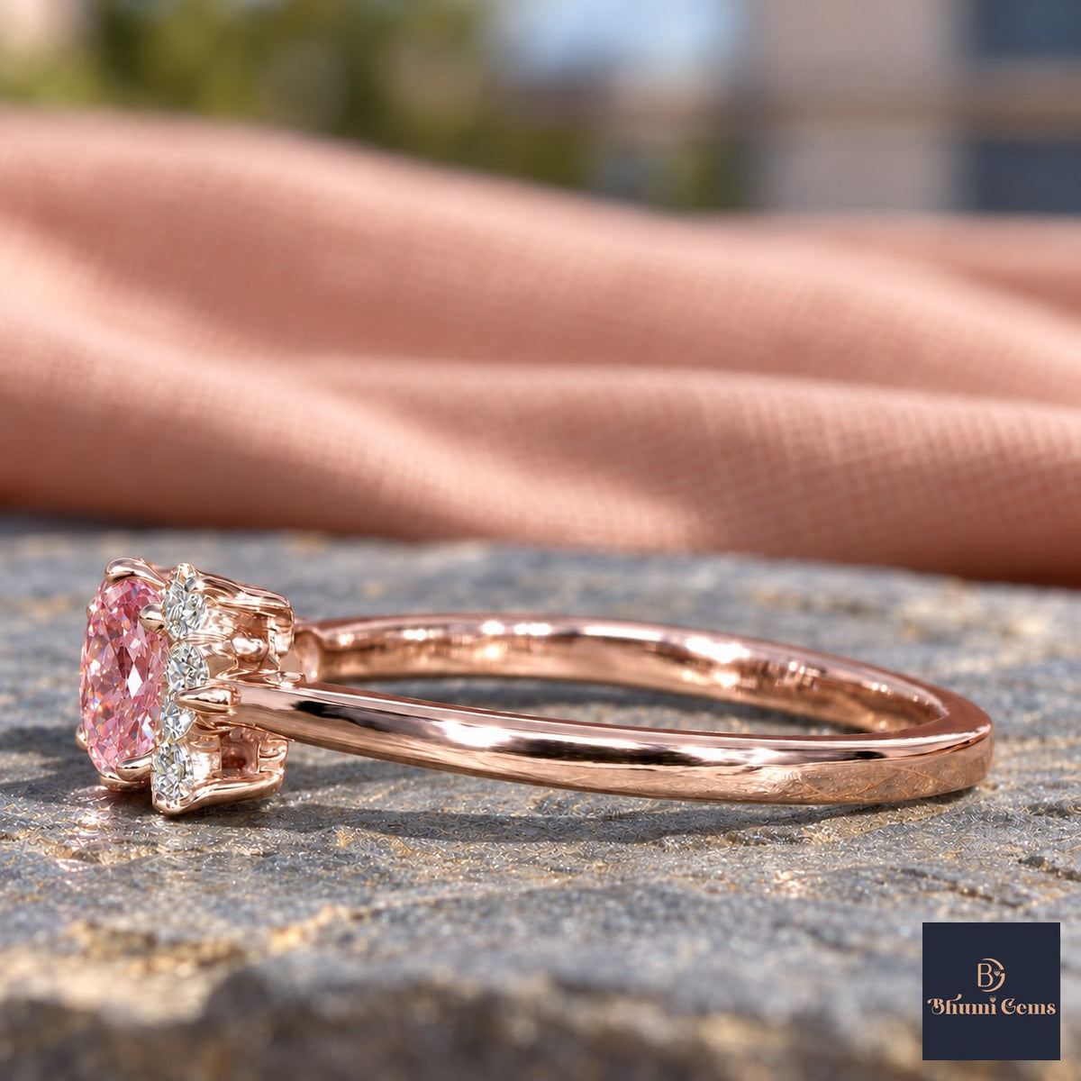 Pink Oval Cut Lab Grown Diamond Engagement Ring - Asymmetric Cluster in rose gold, side view