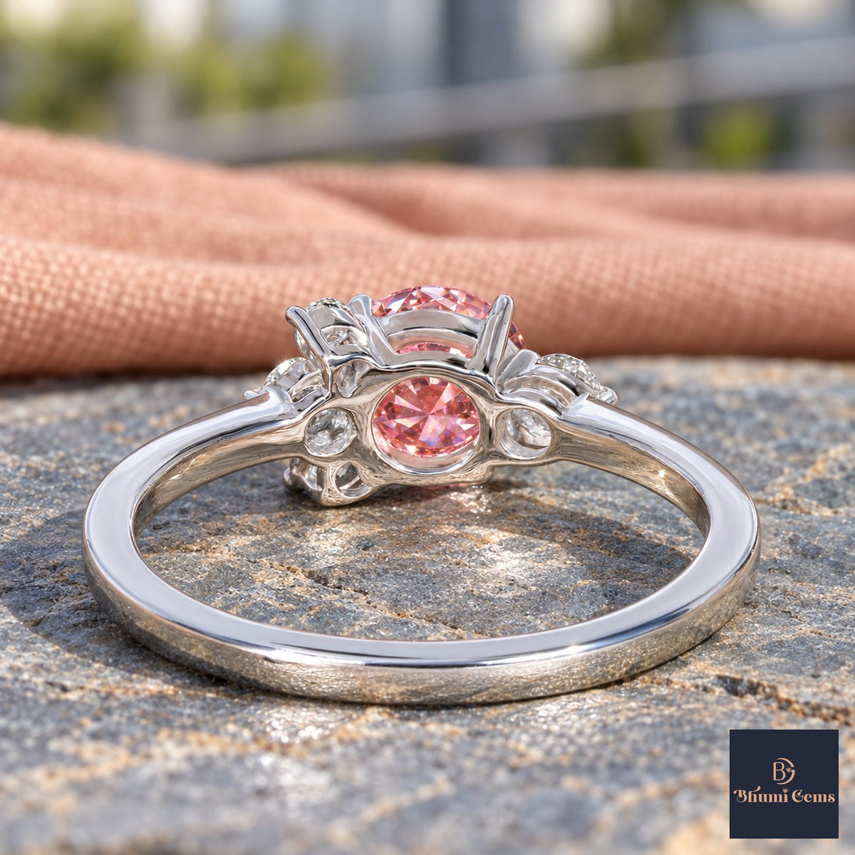 Pink Oval Cut Lab Grown Diamond Engagement Ring - Asymmetric Cluster in white gold, gallery view