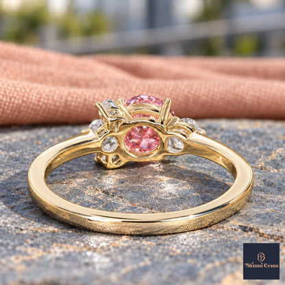 Pink Oval Cut Lab Grown Diamond Engagement Ring - Asymmetric Cluster in yellow gold, gallery view