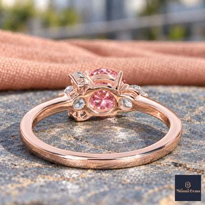 Pink Oval Cut Lab Grown Diamond Engagement Ring - Asymmetric Cluster in rose gold, gallery view