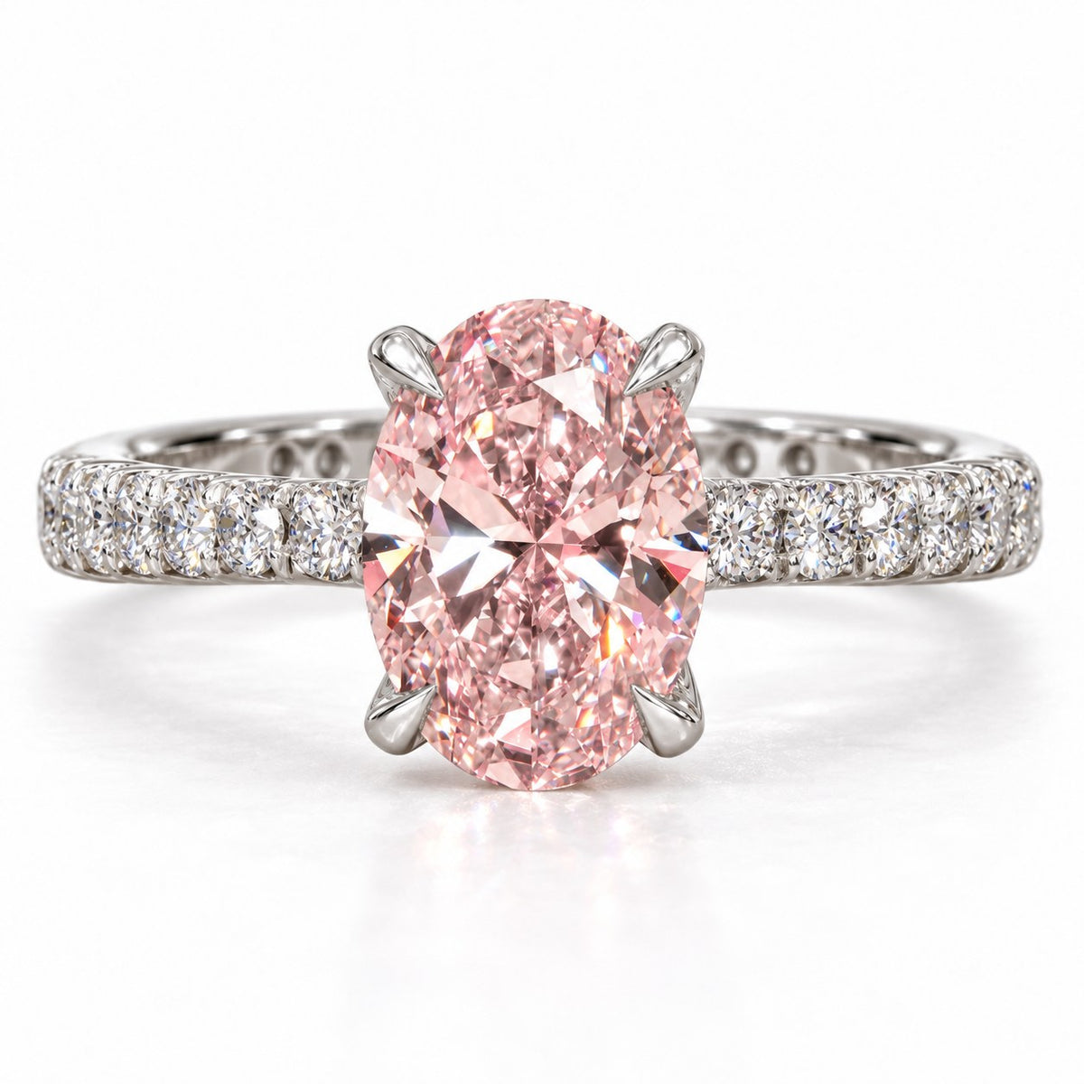 Pink Oval Cut Lab Grown Diamond Engagement Ring - Cathedral Pave Band in white gold, front view