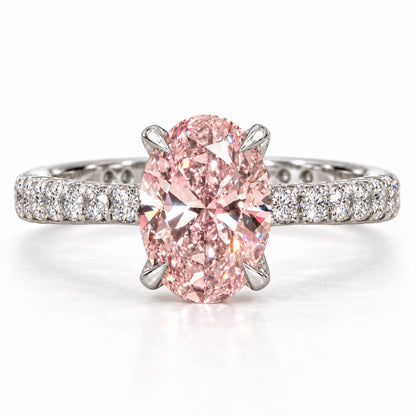 Pink Oval Cut Lab Grown Diamond Engagement Ring - Cathedral Pave Band in white gold, front view