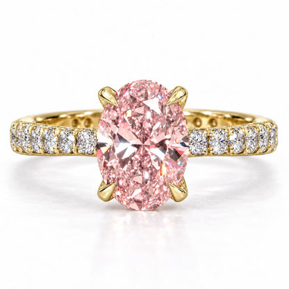 Pink Oval Cut Lab Grown Diamond Engagement Ring - Cathedral Pave Band in yellow gold, front view