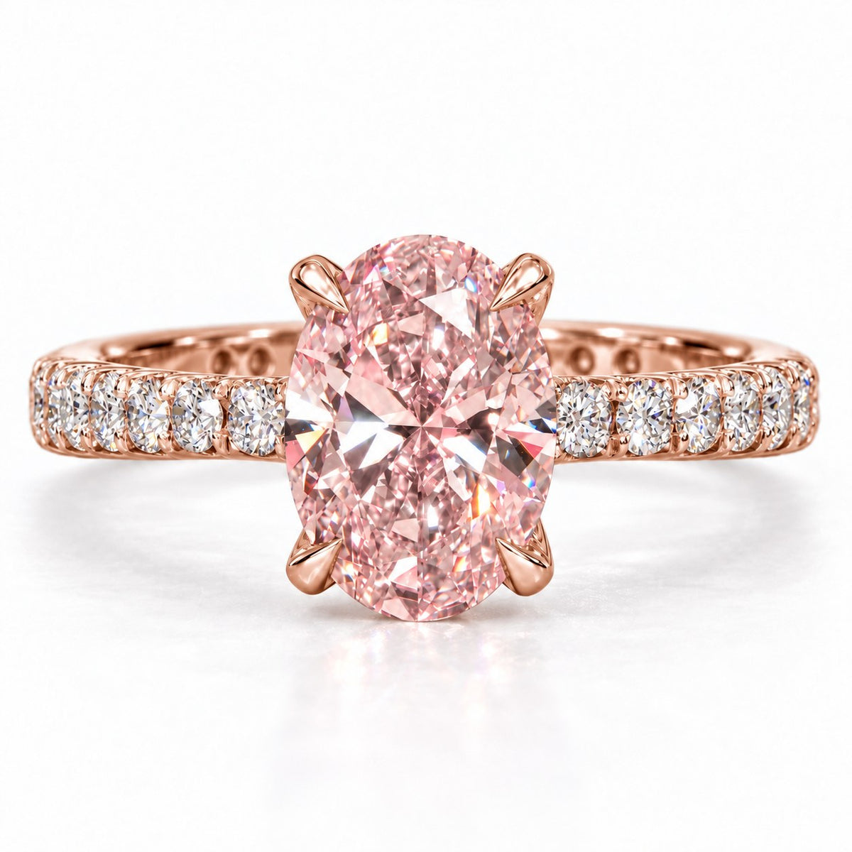Pink Oval Cut Lab Grown Diamond Engagement Ring - Cathedral Pave Band in rose gold, front view