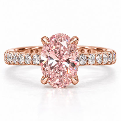 Pink Oval Cut Lab Grown Diamond Engagement Ring - Cathedral Pave Band in rose gold, front view