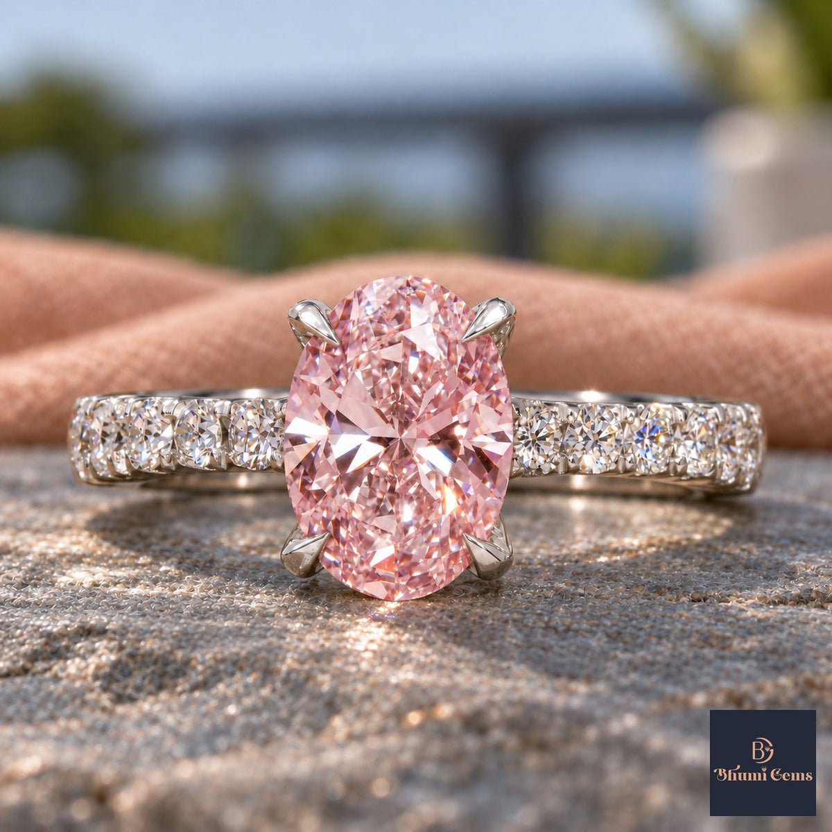 Pink Oval Cut Lab Grown Diamond Engagement Ring - Cathedral Pave Band in white gold, close-up